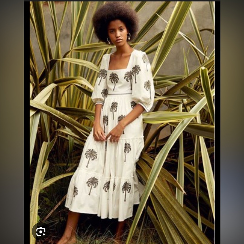 Agua by Agua Bendita Cream Midi Dress with Black Palm Print S